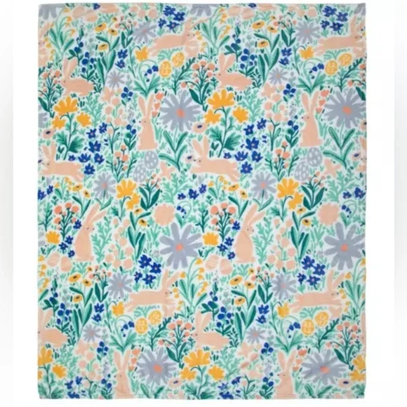 Floral & Bunny Plush Throw Blanket - White, Green, Yellow - Picture 2 of 3